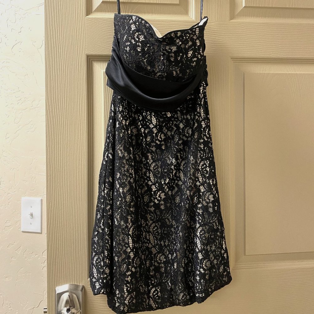 White House| Black Market- Black and cream tea length, lace dress.